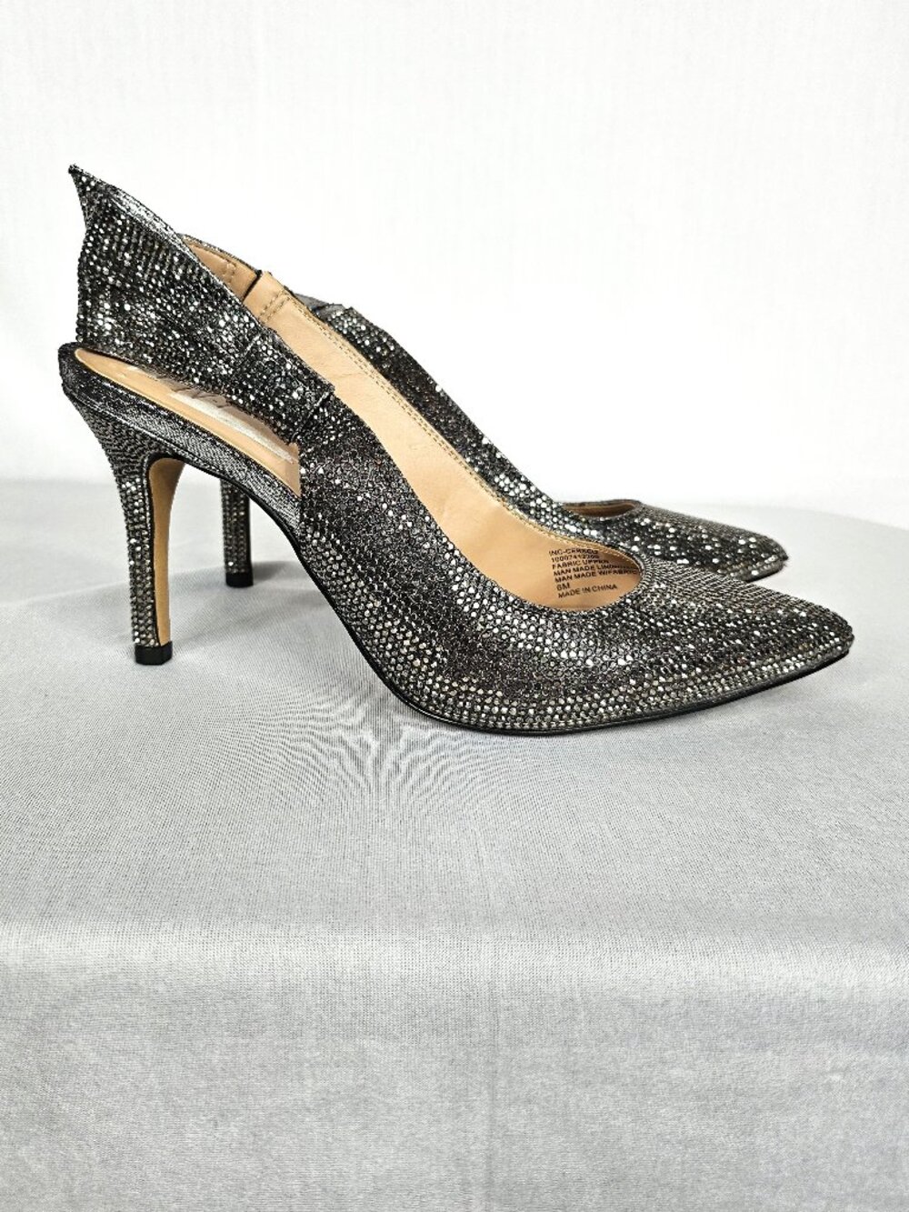 INC Crystal Rhinestone Slingback Heels | Gunmetal Pewter | Size 6